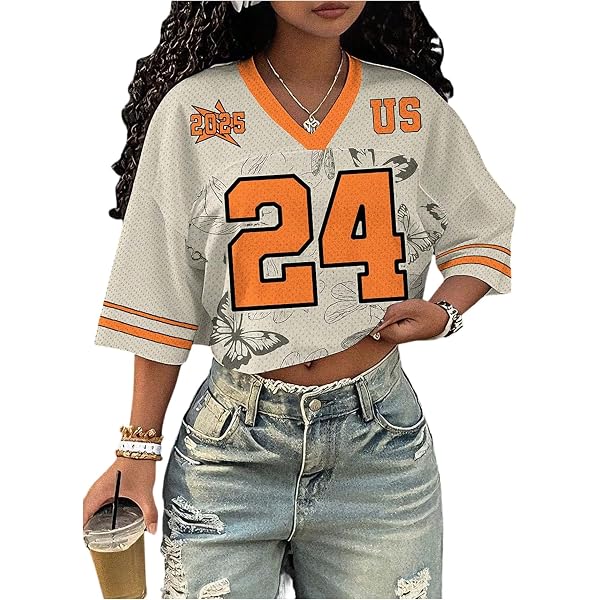 RoseSeek Jersey Shirts for Women Number Print V Neck Mesh Cropped